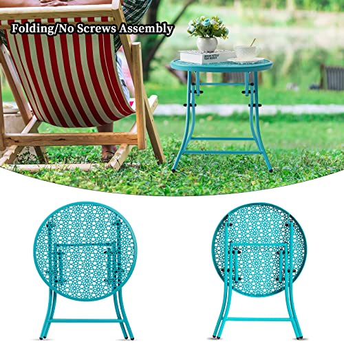 TeoKJ Folding Outdoor Side Tables, Anti Rust Small Patio Table Round Metal Nightstand with Flower Cutouts for Porch Yard Balcony Deck Lawn, Blue - color: Blue