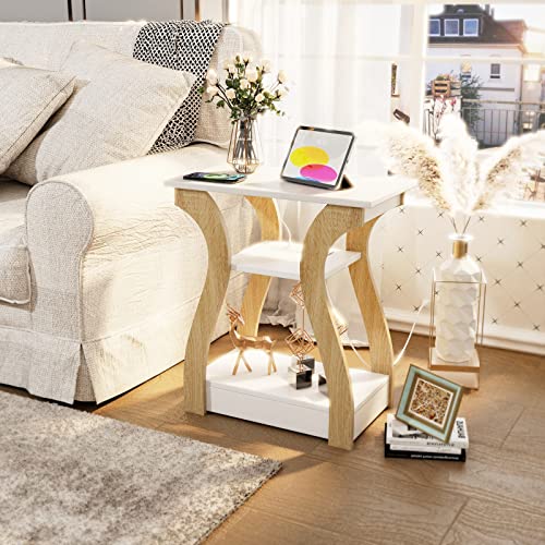 FROMJBEST End Tables Living Room, End Table with Charging Station,White&Oak | Side Table Living Room, with USB Ports and Outlets, Nightstand for Bedroom, 3-Tier Storage Shelf, Bedside Table - color: White+oak