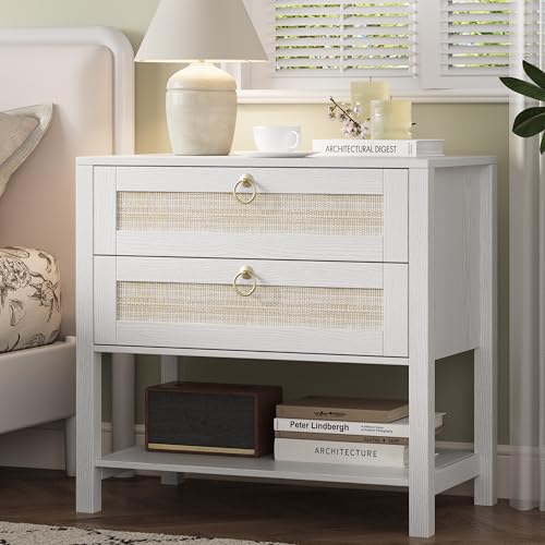 Xixini Rattan Nightstand with 2 Drawers and Open Shelf, 27" Wide Boho Bedside Table with Brass Knobs, Mid-Century Modern Wooden End Table for Bedroom, White - color: White