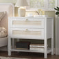 Xixini Rattan Nightstand with 2 Drawers and Open Shelf, 27" Wide Boho Bedside Table with Brass Knobs, Mid-Century Modern Wooden End Table for Bedroom, White - color: White