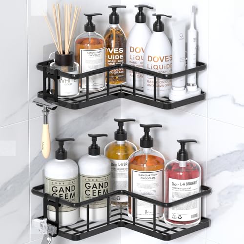 YASONIC Corner Shower Caddy Adhesive, 100% Rustproof Shower Organizer, No Drill Shower Shelf for Inside Shower, Wall-Mounted Shower Storage for Homes (2 Pack, Black) - color: Black