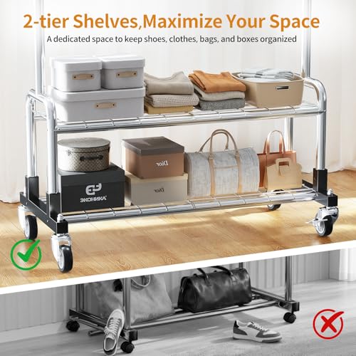 Luxspire Rolling Heavy Duty Clothes Rack with 2 Sturdy Shelves Load 600 LBS | Zinc-iron alloy frame, lockable silent wheels, adjustable extendable rods for bedroom and laundry room garment storage - color: Silver
