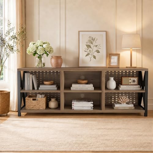 LVB Rustic Entertainment Center for 65 Inch TV, Industrial Wood and Metal TV Stand with Storage Shelf, Modern Television Media Console Table with Cabinet for Living Room Bedroom, Rustic Oak, 55 Inch - color: Rustic Oak