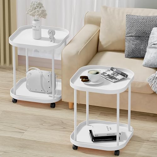 Side Table with Wheels, End Table Living Room Plastic Mobile Sofa Side Table Small Night Stand Bedroom White (2 Pack) - color: White, size: 2 Pack