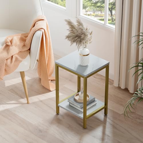 SAYGOER White Faux Marble End Tables 13.3''D Small Side Table with Storage Wood Night Stand Gold Metal Frames 2 Tier Bedside Table with Adjustable Feet, 1PCS, White Gold - color: White Gold