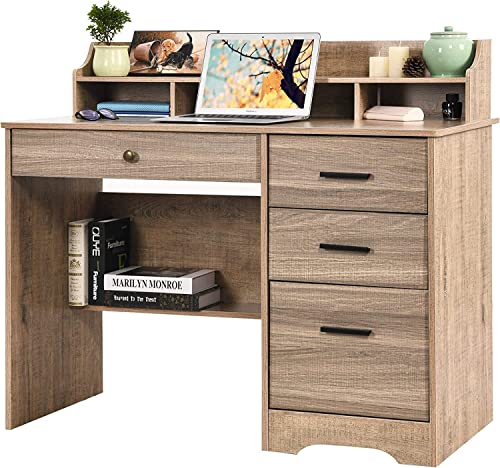 Computer Desk with 4 Drawers and Hutch, Wood Executive Desks with File Drawer and Shelves, Small Desk Study Table for Bedroom, Student Teen Writing Laptop Table, Grey - color: Grey