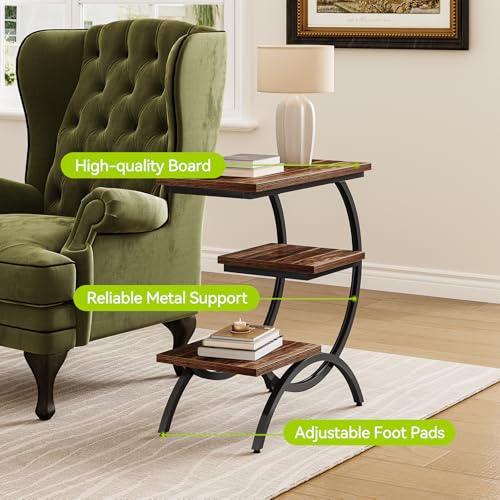 LITTLE TREE End Table, Narrow End Table with 3 Storage Shelves, Industrial C-Shaped Small Sofa Side Table for Living Room, Wood Slim Snack Table with Black Metal Frame, Rustic Brown - color: Rustic Brown