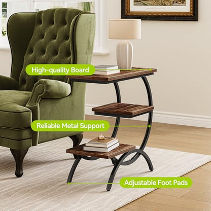 LITTLE TREE End Table, Narrow End Table with 3 Storage Shelves, Industrial C-Shaped Small Sofa Side Table for Living Room, Wood Slim Snack Table with Black Metal Frame, Rustic Brown - color: Rustic Brown
