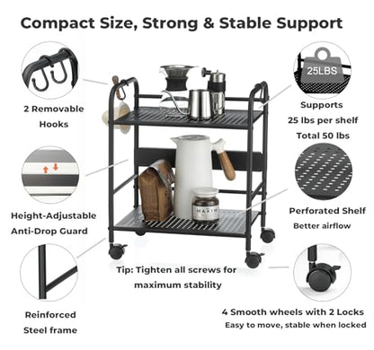 2-Tier Metal Rolling Cart, Compact Under Desk Storage Organizer | 12.2" clearance fits binders & tall bottles; anti-drop safety guard; small space mobile shelf for home, bedroom & office. - color: Black