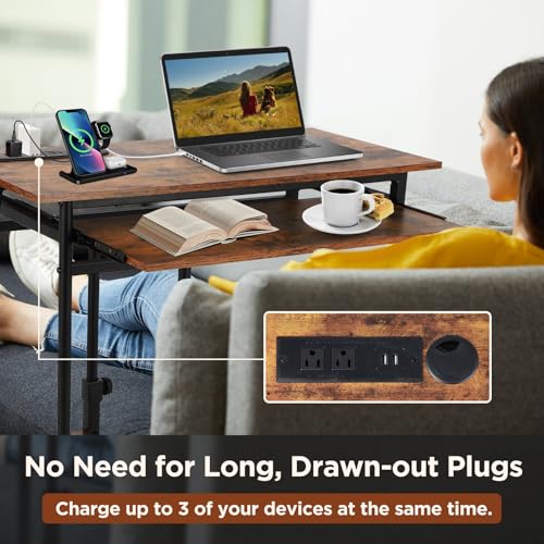 FAHKNS Overbed Table with Wheels, C Shaped End Table for Couch, Height Adjustable Desk on Wheels, Rolling Side Table with USB Ports & Outlets, Bedside TV Tray for Laptop Snacks