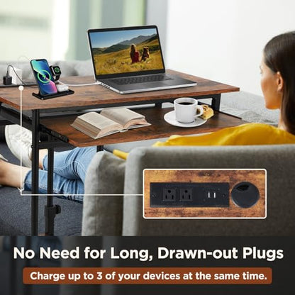 FAHKNS Overbed Table with Wheels, C Shaped End Table for Couch, Height Adjustable Desk on Wheels, Rolling Side Table with USB Ports & Outlets, Bedside TV Tray for Laptop Snacks