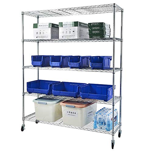 5-Tier Shelf, Adjustable Wire Metal Rack Shelving, Heavy Duty Standing Storage Shelves, Garage, Kitchen, Office, Bathroom, Shelfs Easy Assembly, 59" W x 18" D x 71" H Wheels, Chrome - color: Chrome, size: 5-tier 59.06"W x 17.72"D x 70.87"H Wheels