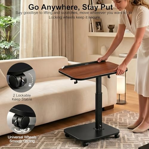 C Table End Table Adjustable Height, Rolling TV Tray Table for Small Spaces 180° Flip-Over Panel Design & 360° Swivel Casters, C Shaped Side Tables for Couch for Living Room, Bedroom, Bed, Sofa, Snack - color: Brown