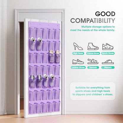 WVM Over the Door Shoe Organizer with 35 Breathable Mesh Pockets, Hanging Shoe Organizer for Door with 4 Metal Hooks, Large Capacity Closet Storage for Shoes, Accessories - style: Purple