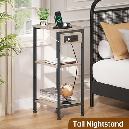 Asgolion Tall End Table with Charging Station, 3 Tier Narrow Beside Table with Adjustable Shelf, Tall Side Table Nightstand for Bedroom, Living Room Coffe Table, Office, Greige - color: Greige, size: 14.8"D x 11"W x 30"H