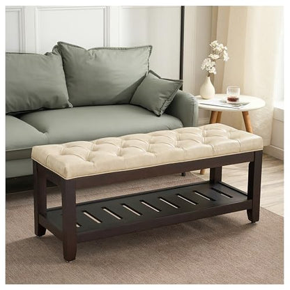 44" Entryway Bench with Shoe Storage, End of Bed Bench, Upholstered Ottoman Storage, 500 LBS Capacity for Entryway, Living Room, Hallway - color: Beige(pu)-1