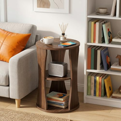 YATINEY Round Side Table, 3-Tier Small End Table with Storage Shelves, Wooden Accent Table for Living Room, Bedroom, Walnut ET15WL - color: Walnut