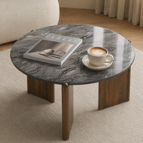 Round Black Marble Coffee Table with Three Walnut Wood Legs, Modern Accent Center Table for Living Room Home Decor, Office - color: Dark Grey