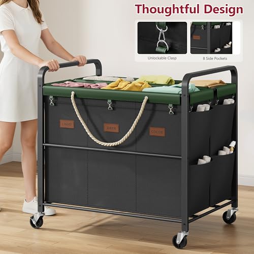 350L Extra Large Laundry Cart, Laundry Hamper 6 Section, Black | Large Capacity, Heavy Duty Lockable Wheels, Sturdy Metal Frame, Leather Patchwork, Removable Bags - color: Black, size: 6 Bag 350L