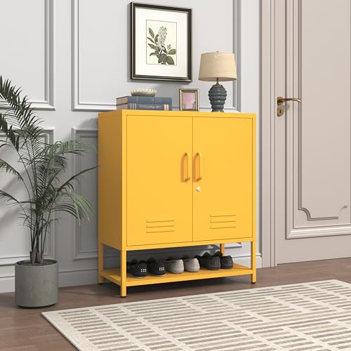 Wide 3-Tier Metal Shoe Storage Cabinet, Multifunctional Household Shoe Organizer with Adjustable Shelves for Home & Entryway Yellow 33" H X 29.5" W X 13.8" D - color: Mustard, style: Cabinet-33"H-AP
