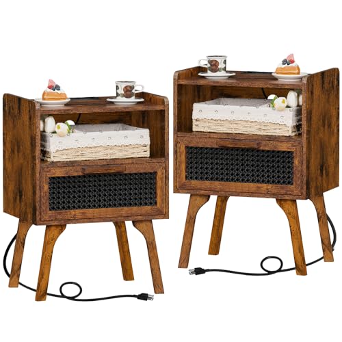 Lerliuo Rattan Nightstands Set of 2 with Charging Station, Boho Side Table with Drawer Open Shelf, Cane Accent Bedside End Table with Solid Wood Legs for Bedroom, Dorm and Small Spaces (Brown) - color: Brown, size: 2 pack