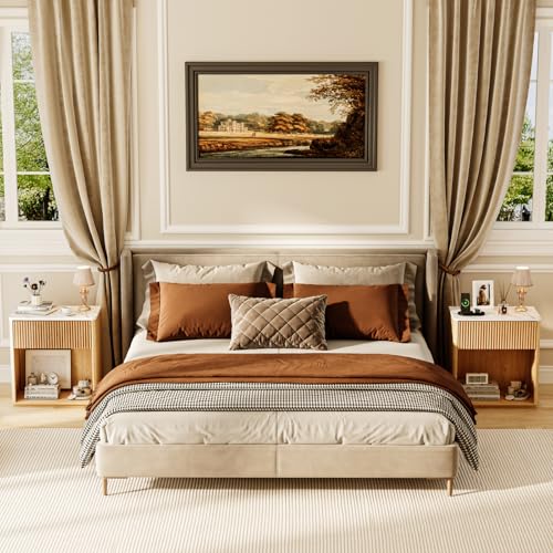 Modern Fluted Nightstand Set of 2 for Bedroom, Mid Century Bedside Table Set with Marble Top & Drawer, Wood End Table, 2 Farmhouse Night Stands for Guest Room, Hallway, Oak - color: Oak