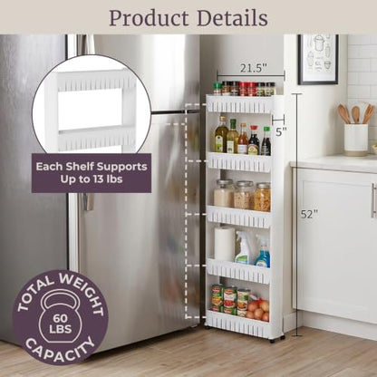 Slim Rolling Storage Cart - 5-Tier Utility Cart with Wheels for Bathroom, Kitchen, and Laundry Room - Bathroom Shelves by Lavish Home (White) - size: 5-Tier