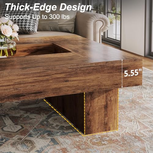 LVB Rustic Coffee Table, Large Wood Living Room Table with Storage, Modern Long Rectangle Led Center Table, Farmhouse Unique Low Wide Tea Table with LED Light for Home Office, 47.24 in, Rustic Brown - color: Rustic Brown