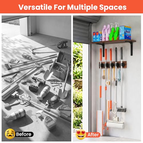 Broom Holder Wall Mount with Wooden Shelf, Rustic Wood Broom Hanger with 5 Racks&4 Hooks,Laundry Room Organization and Storage, Utility Storage Rack for Laundry Room, Garage, Kitchen, Closet. - size: 16.9"Small