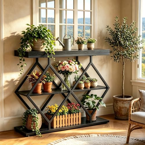 Garvee 3 Tier Console Table,39" Industrial Entryway Table,Open Wood Shelves | Sofa Table,Narrow Wood Accent Tables with Metal Frame for Hallway,Living Room,Behind Couch,Foyer,Entrance,Black - color: Black + Diamond-shaped