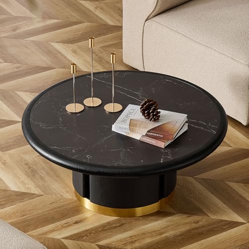 35.43'' Round Coffee Table with Sintered Stone Tabletop for Living Room, Modern Circle Wood Pedestal Coffee Table with Brushed Stainless Steel, Easy Assembly, Black - color: Ø35.43'' -Walnut