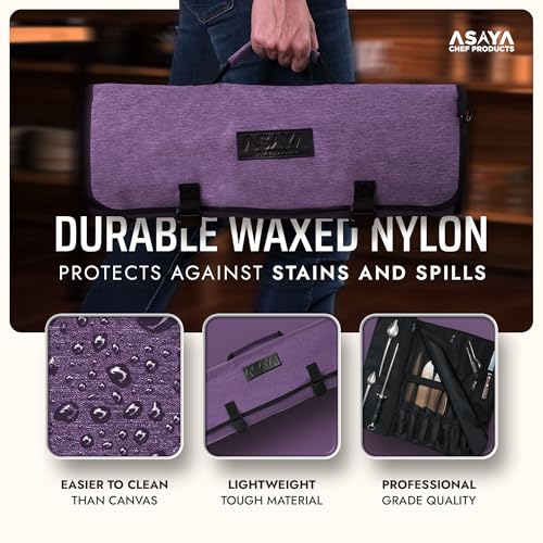 Asaya Waxed Nylon Chef Knife Roll Bag with 20 Slots and Zippered Pockets - Professional Chef Knife Bag & Storage Case, Tool Carrier with Shoulder Strap - Knives Not Included (Purple) - color: purple