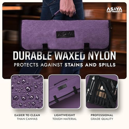 Asaya Waxed Nylon Chef Knife Roll Bag with 20 Slots and Zippered Pockets - Professional Chef Knife Bag & Storage Case, Tool Carrier with Shoulder Strap - Knives Not Included (Purple) - color: purple