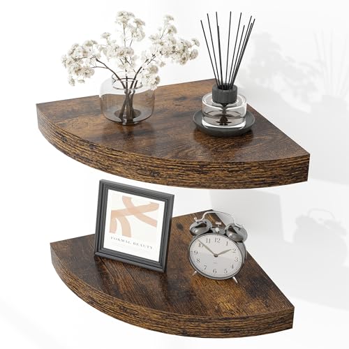 Fun Memories Floating Corner Shelves Set of 2 - Rustic Wood Wall Mounted Storage and Display Shelves for Living Room, Bedroom, Kitchen, Bathroom - Space Saving Home Decor, Brown - color: Brown - Set of 2