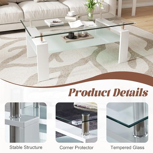 2-Tier Coffee Table with Tempered Glass Top and MDF Frame, Modern White Rectangular Glass Center Table for Living Room, Apartment, Office, Easy to Assemble - color: White, size: Coffee Table