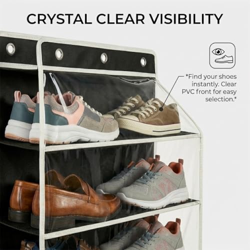 SUREMAX Super Capacity Over The Door Shoe Organizer, 11-Tier Hanging Shoe Rack for Closet Door Fits 33 Pairs, Clear PVC Behind The Door Storage Organizer with Heavy Duty Hooks & Loop Fastener, Black