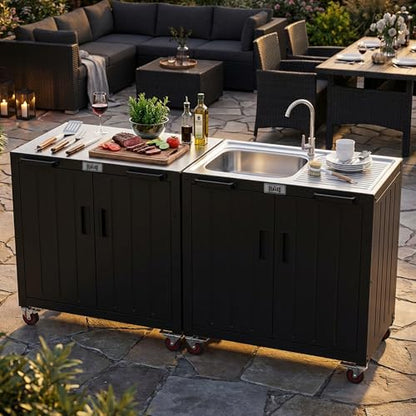 Feasto Outdoor Kitchen Island with Stainless Steel Sink and Storage Cabinet, 35-Inch BBQ Prep Station with Faucet & Lockable Wheels for Patio, Backyard, and Outdoor Cooking, Black & Silver - size: Outdoor Kitchen Sink Station
