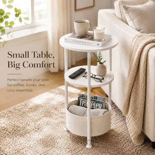 Small Round Side Table with Storage Basket, 3-Tier Narrow End Table Nightstand for Living Room Bedroom, 11.8" Diameter Modern Bedside Table for Small Spaces, Wood Grain & Metal Frame (White) - color: White