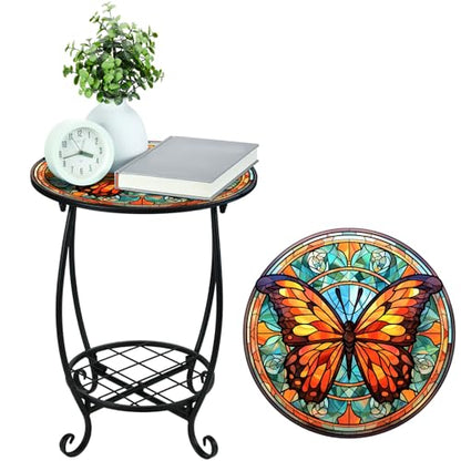 Cinnvoice Outdoor Side Table Round Small Mosaic Patio Accent Indoor End Plant Coffee Tea Table for Yard Patio Porch Garden Living Room, Bedroom(Butterfly B Style,14 Inch) - size: 14 Inch, style: Butterfly B Style