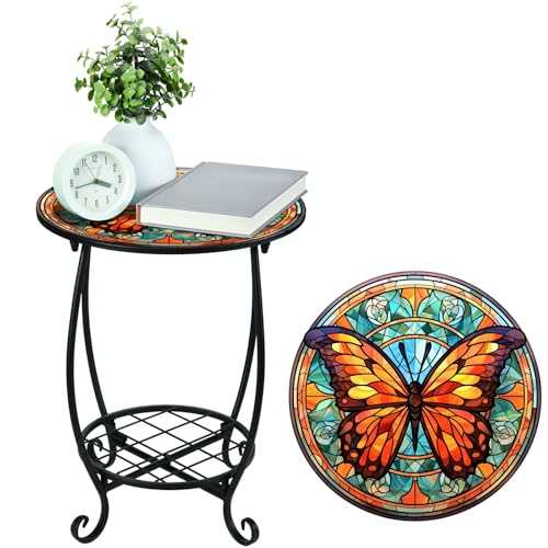 Cinnvoice Outdoor Side Table Round Small Mosaic Patio Accent Indoor End Plant Coffee Tea Table for Yard Patio Porch Garden Living Room, Bedroom(Butterfly B Style,16 Inch) - size: 16 Inch, style: Butterfly B Style