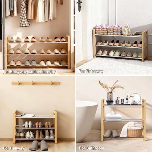 Shoe Rack Wooden, Oak Expandable Shoe Organizer, 3-Tier Stainless Steel Shoe Shelf, 17.7“-31.4” Shoe Storage 6-12 Pairs, for Closet, Garage, Narrow Spaces, Entryway, Door Entrance