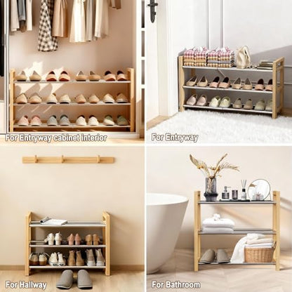 Shoe Rack Wooden, Oak Expandable Shoe Organizer, 3-Tier Stainless Steel Shoe Shelf, 17.7“-31.4” Shoe Storage 6-12 Pairs, for Closet, Garage, Narrow Spaces, Entryway, Door Entrance
