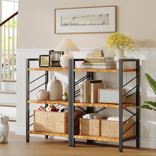 DurayLoly 2 Pieces 3 Tier Bookshelf for Narrow Space, Rustic Brown | Small Space Dwellers , Sidebars and Metal Frame - color: Rustic Brown, size: 3 Tier - 2 pcs