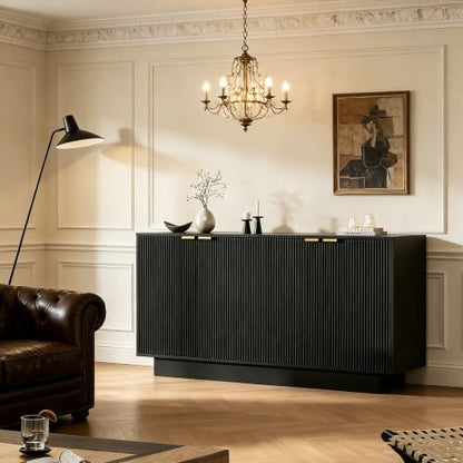 63'' Large Fluted Sideboard Buffet Cabinet, Modern Storage Cabinet with Adjustable Shelf, Console Table Wine Bar Accent Credenza with 4 Doors for Dining Room, Living Room, Hallway(Black) - color: Black