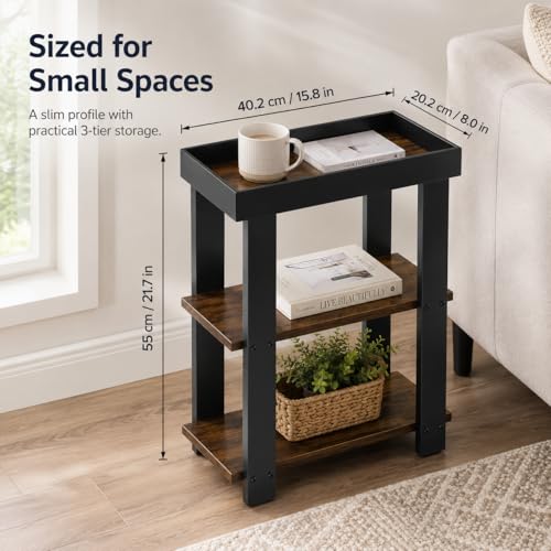 Narrow Side Table, 3-Tier Side Table, Rustic Farmhouse Narrow End Table with Storage, Slim Table Nightstand for Small Spaces, Bedroom or Living Room (Rustic Brown) - color: Rustic Brown