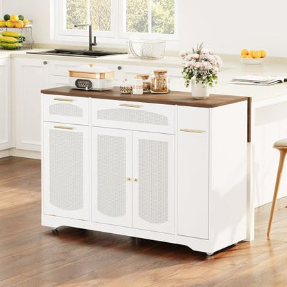 IDEALHOUSE 53.1" Rattan Kitchen Island with Storage, Rolling Dining Cart with Trash Storage Cabinet, Mobile Island Cart with Drop Leaf, Adjustable Shelves, Drawer, 5 Wheels (White) - color: White