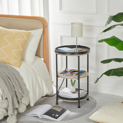 Dulcii Round Side Table with Charging Station, End Table with 3 Shelves for Living Room, Bedroom Nightstand for Small Spaces, Industrial Round Sofa Table with Steel Frame (USB+Oak) - color: Oak, style: With Outlets
