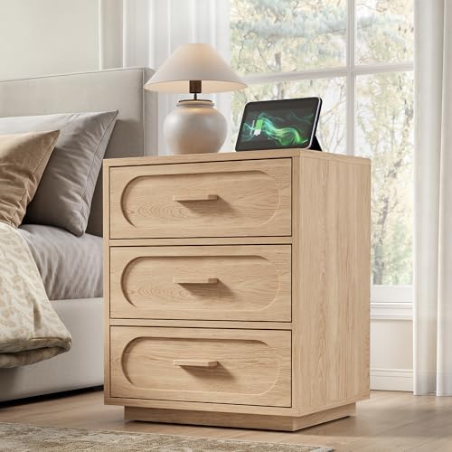 YANSNWO Natural Nightstand with Charging Station, 21.7" Modern End Table with 3 Drawers Storage, Open Shelf, Mid Century Bedside Table with Unique Base Design for Bedroom, Living Room - color: Natural, size: 15.7"D x 21.7"W x 25.8"H (3 Drawers)