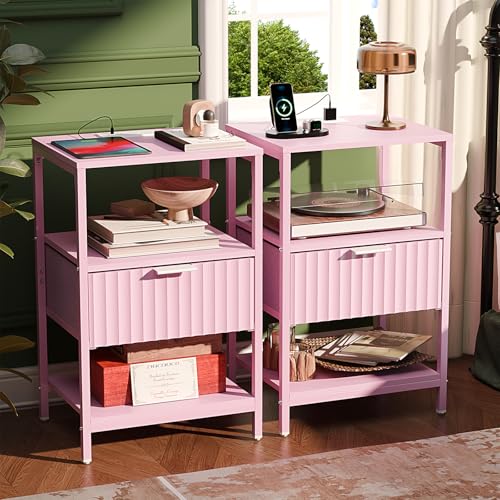 VINGLI Nightstands Set of 2 with Fabric Drawer, Pink Nightstands with Charging Station, Fluted Nightstand Pink Bedside Table/End Table for Bedroom, Night Stand Small for Kids Room, 2 pcs - color: Pink, size: 15"W-1 Drawer 2 Shelf