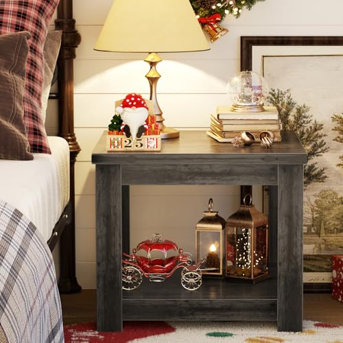 Homieasy 20" End Table with Storage Shelf, Square Farmhouse Bedside Table, Grey - color: Grey
